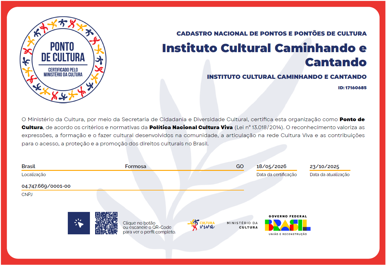 Ponto de Cultura 1 Selo de Ponto de Cultura concedido ao ICCC pelo Ministério da Cultura por sua atuação cultural.